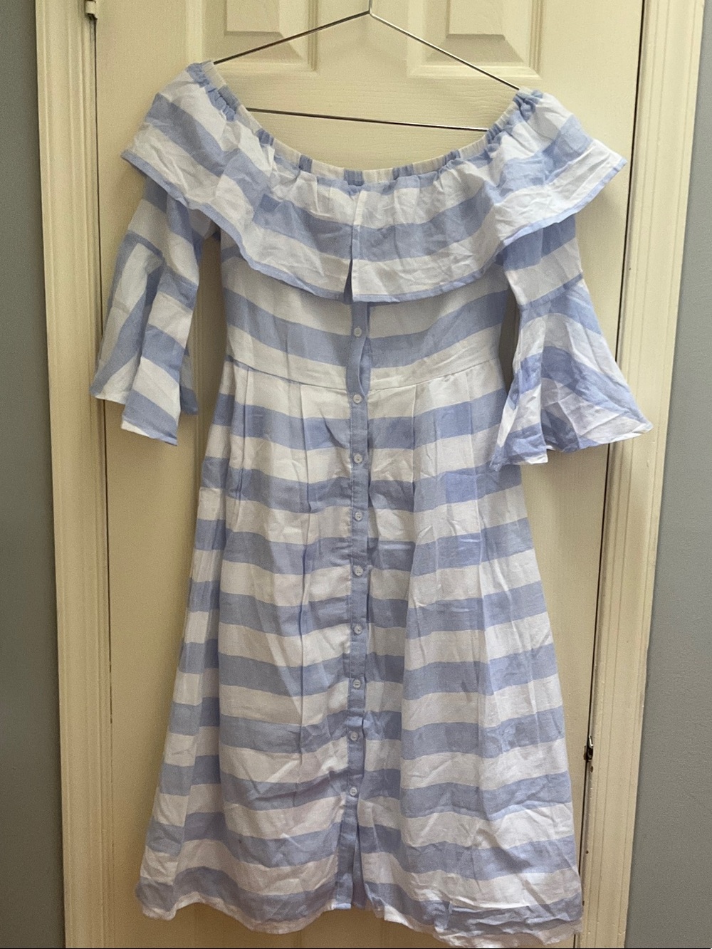 Jealous Tomato Blue and White Striped Off-Shoulder Asymmetrical Dress